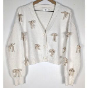 Luna + Ivy Cardigan Sweater Women’s S Ivory Cream 3D Bow Applique Cropped Knit